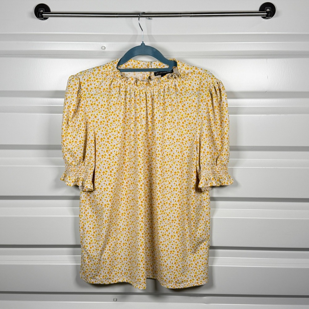 Adrianna Papell Blouse Womens Medium Yellow Floral Ruffle Smocked Puff Sleeve